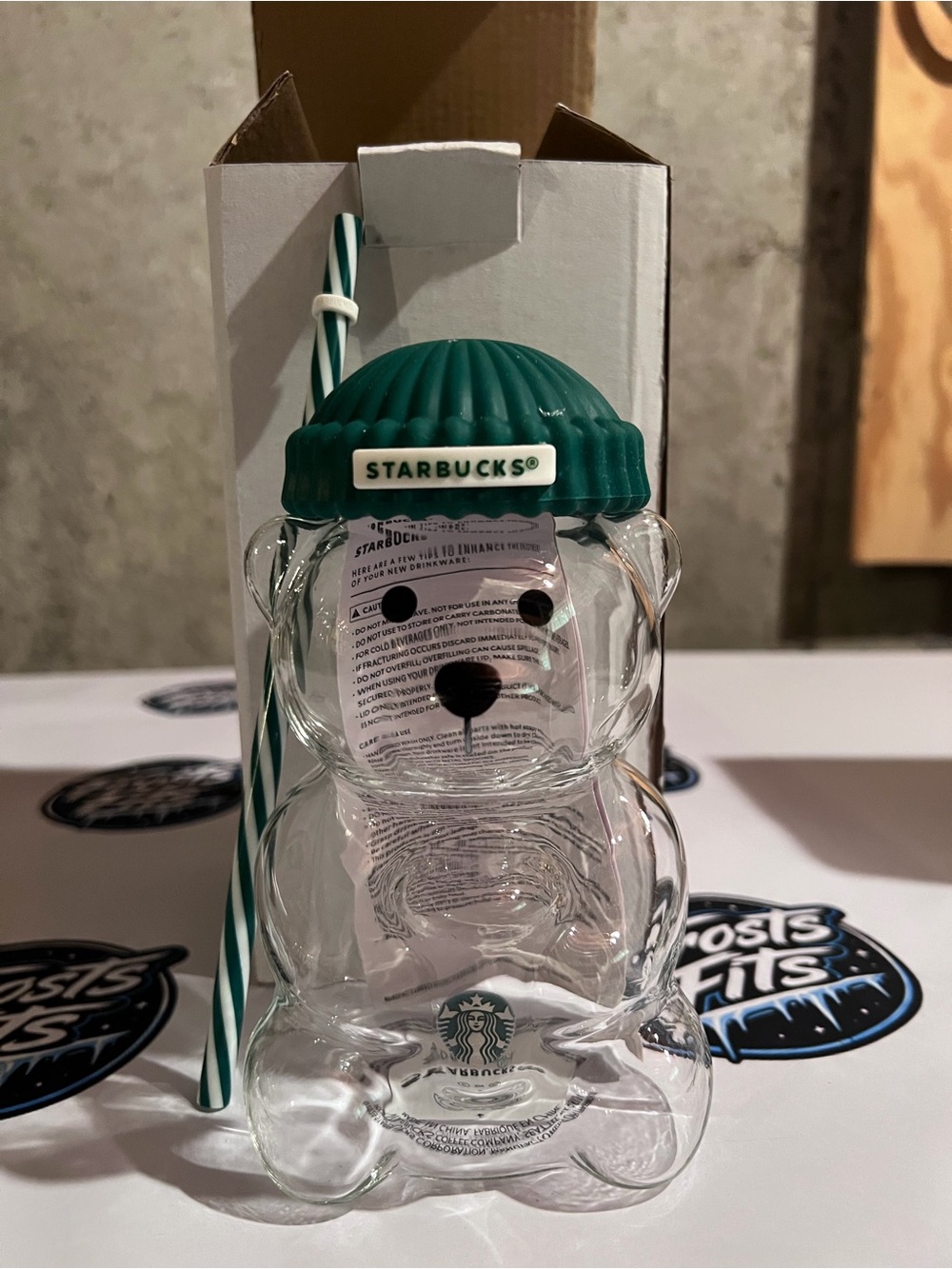 Starbucks Clear Bear-Shaped Glass Bottle with Green Cap and Green-White Straw